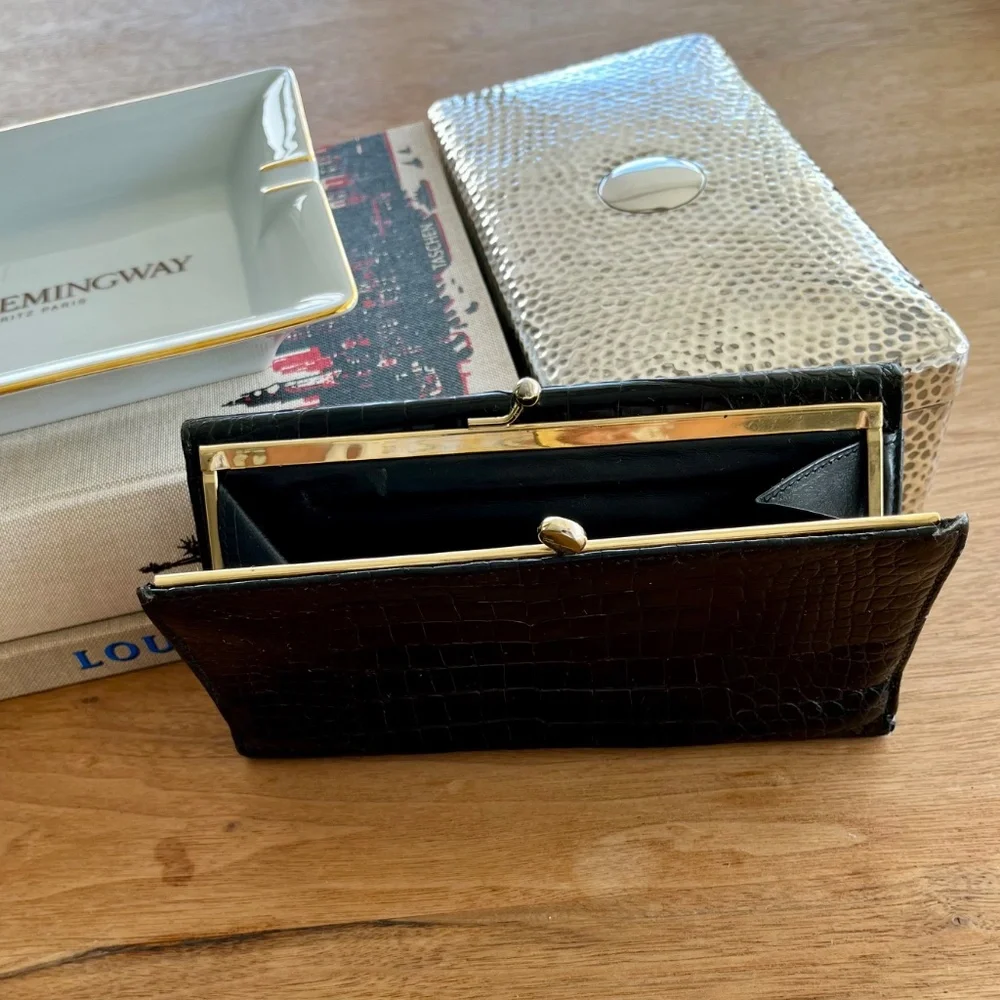 Salvatore Ferragamo Black Croc Embossed Leather Wallet with Gold Tone Hardware